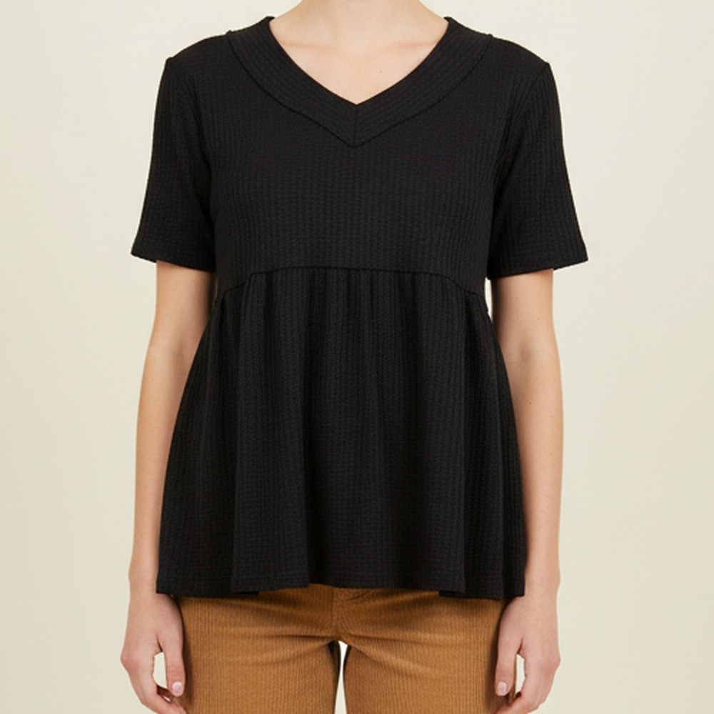 Wanna B NWT Black Waffle Knit Babydoll Peplum Top V-Neck Short Sleeve Women M